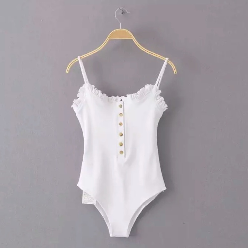 SOLD OUT The Cutest White Ribbed Button Ruffled Bodysuit - Picture 4 of 7